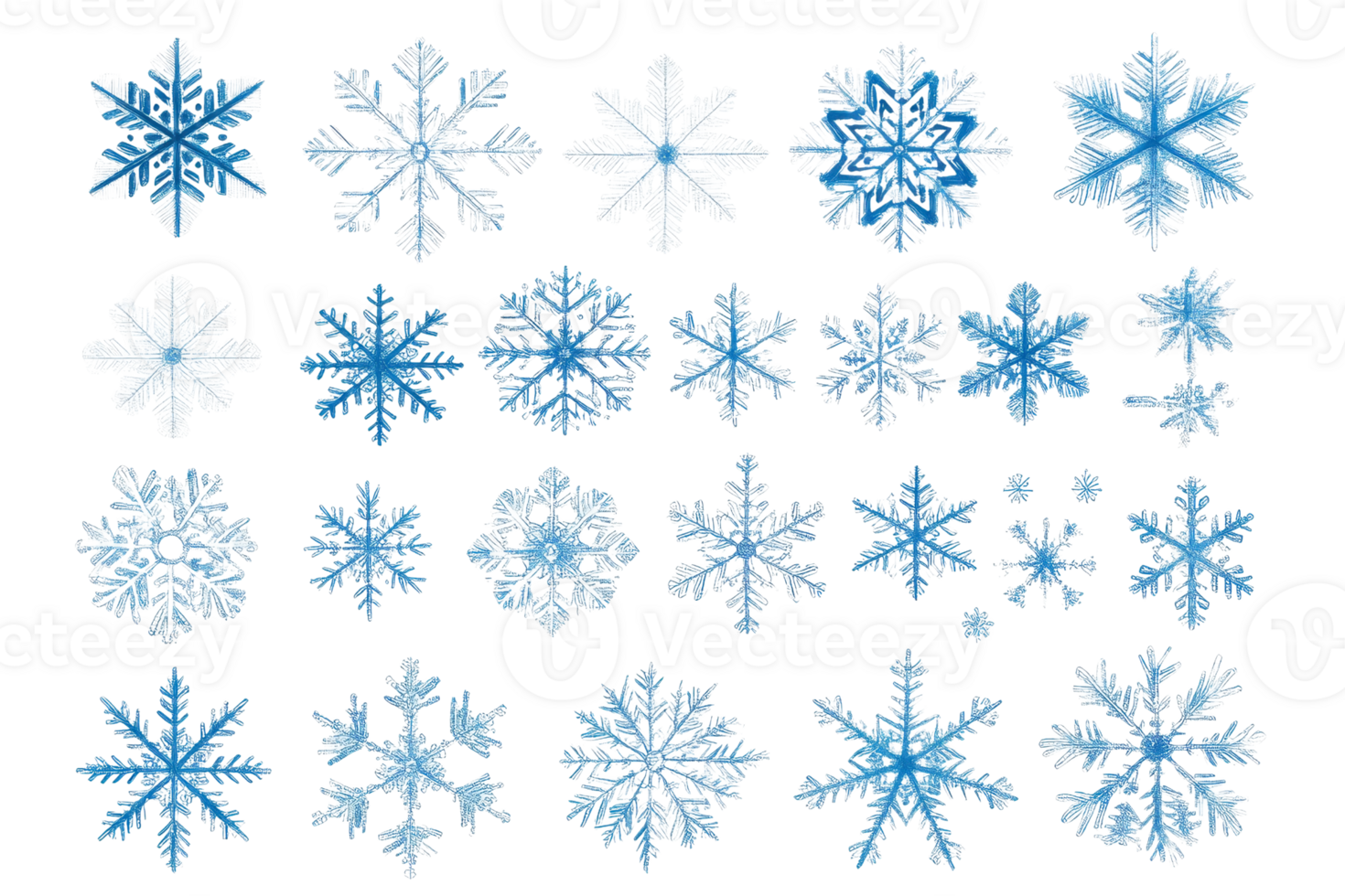 Collection of intricate blue and white snowflake designs isolated on a transparent background, showcasing unique and detailed patterns. png