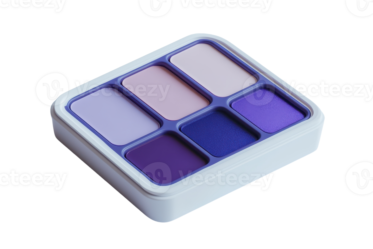 Closeup of purple eyeshadow palette with six shades in a white container, isolated on a transparent background. ideal for beauty and makeup concepts. png
