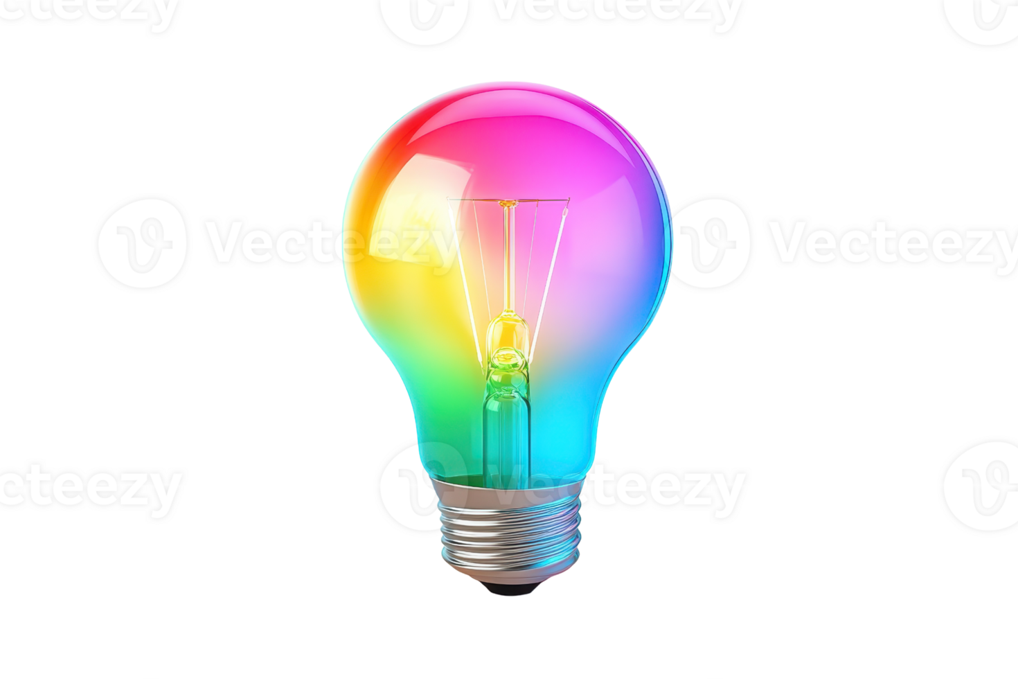 A vibrant, multicolored light bulb glowing against a transparent background. symbolizing creativity, innovation, and bright ideas. png