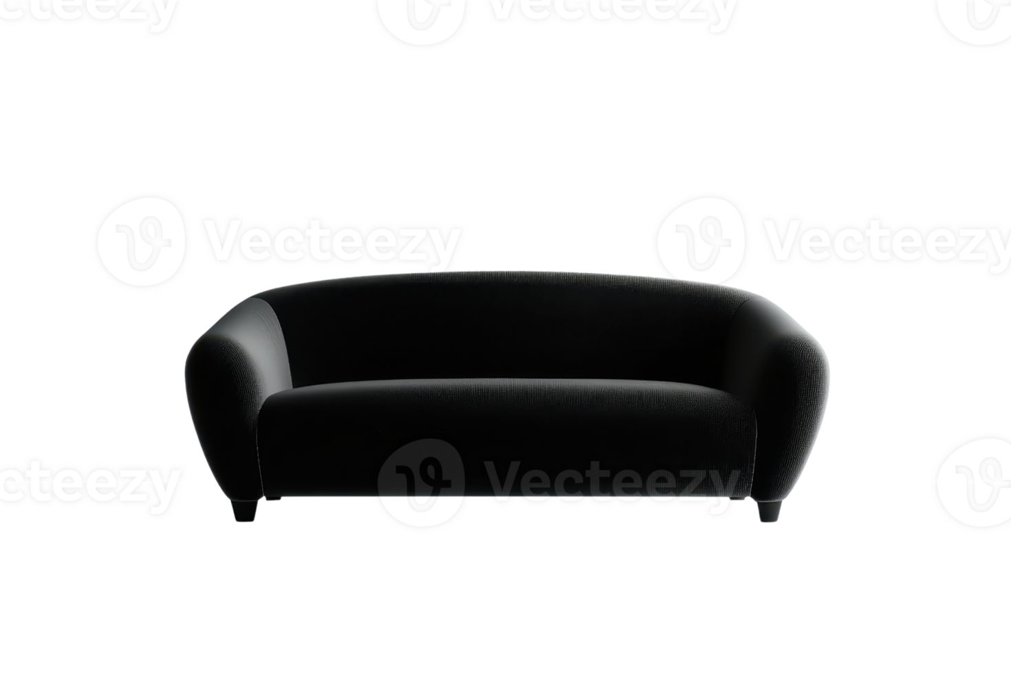 Modern black sofa with curved arms and sleek design, ideal for sophisticated and stylish home interiors or office spaces. png