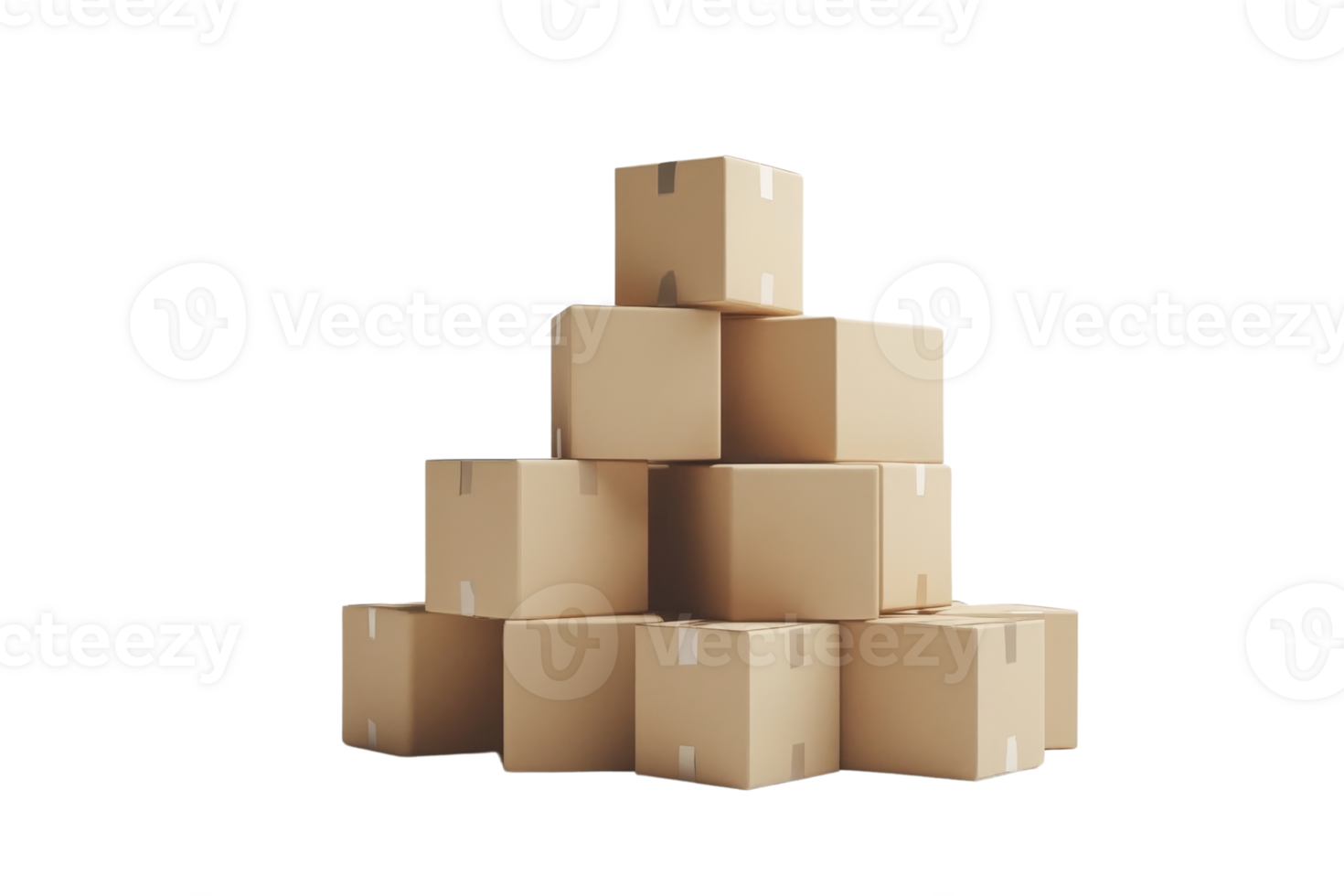 Pyramid of multiple cardboard boxes stacked together on transparent background. representing moving, shipping, and storage concept. png