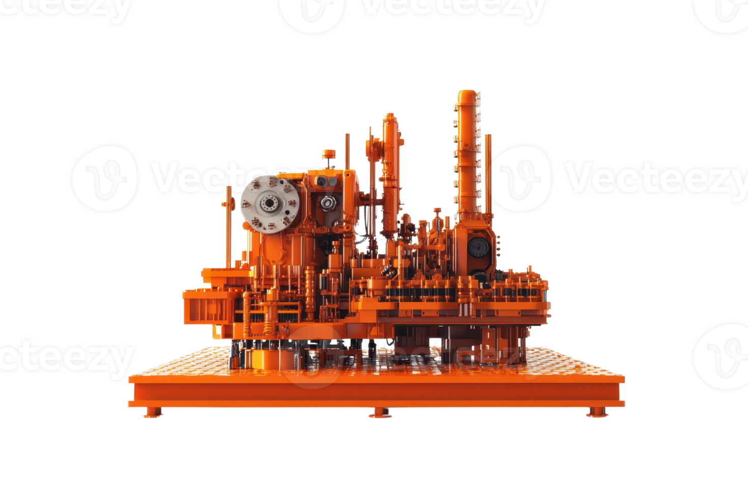 Orange industrial machinery with intricate components on a transparent background. Perfect for engineering, technology, and industrial themes. png
