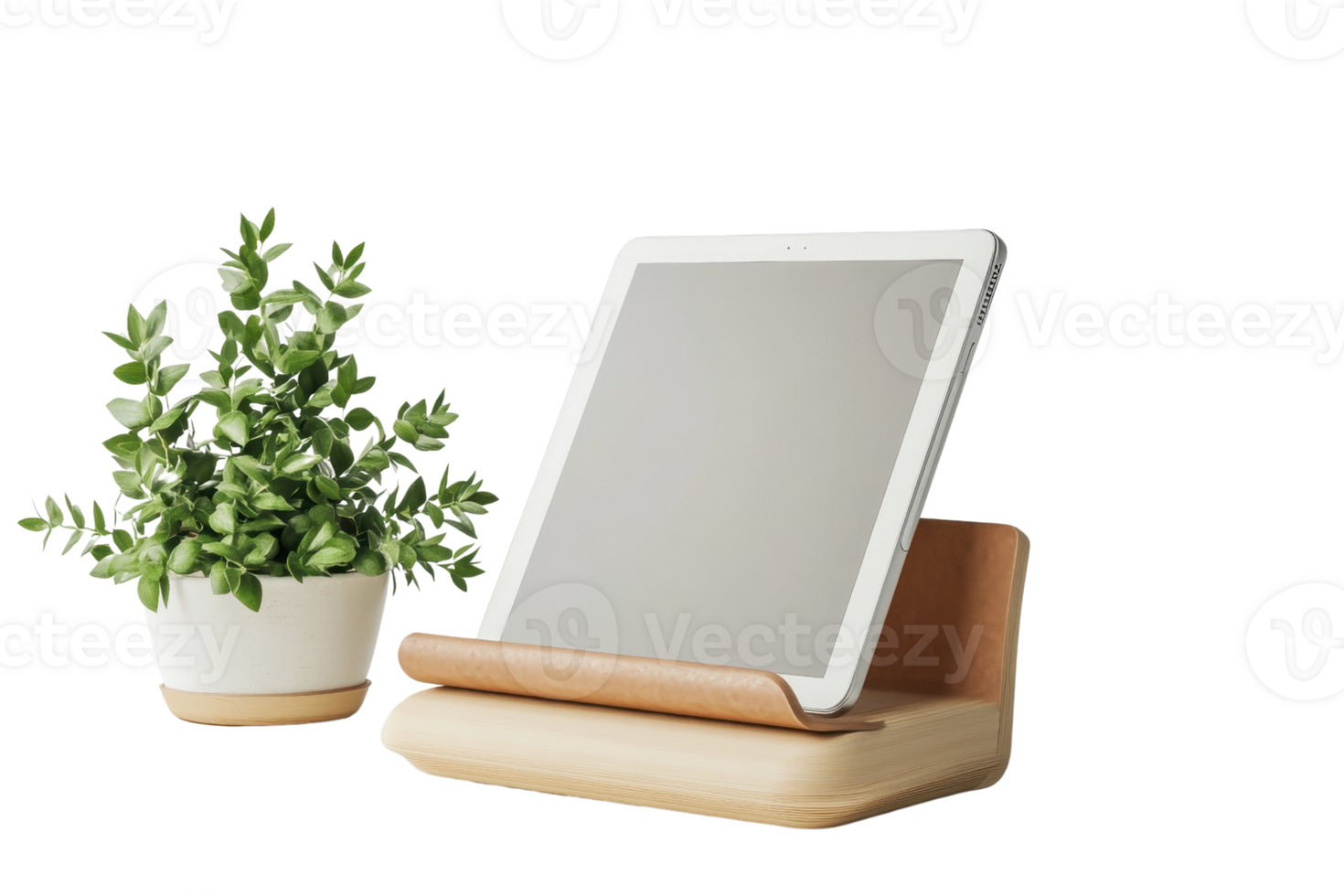 Modern tablet stand and potted plant on transparent background. Ideal for home decor, office setup, or digital device display. png