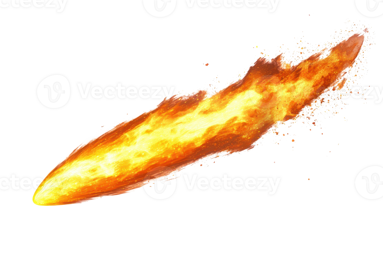 Bright comet or meteor with a fiery tail traveling through dark space, leaving a trail of sparks and burning flame. png