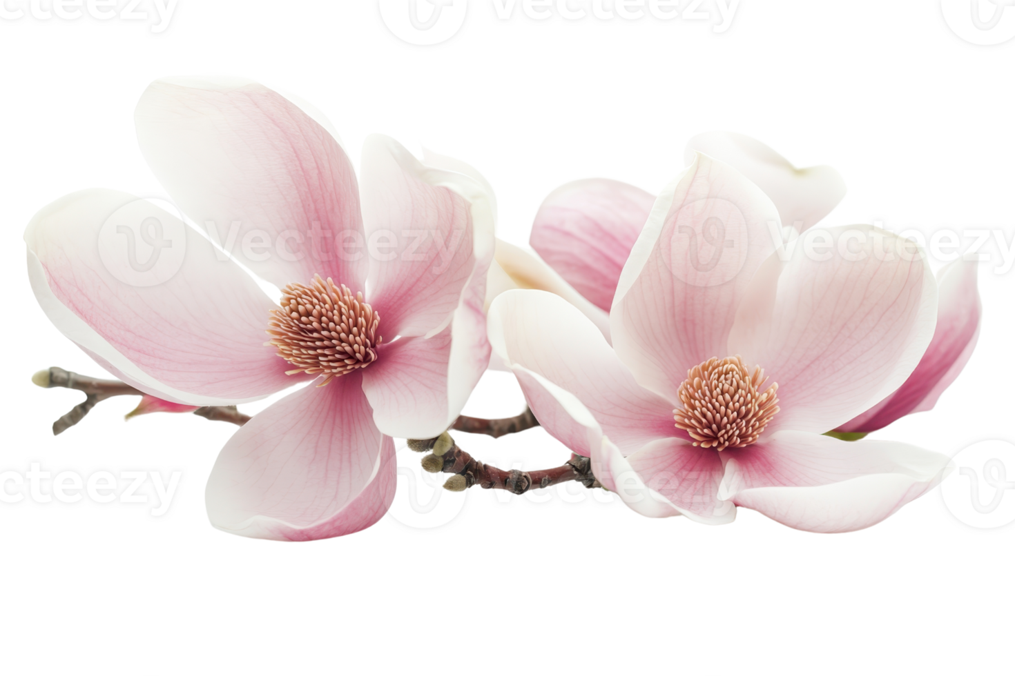 Beautiful close-up of pink and white magnolia flowers in full bloom, showcasing delicate petals and lush details on a branch. png