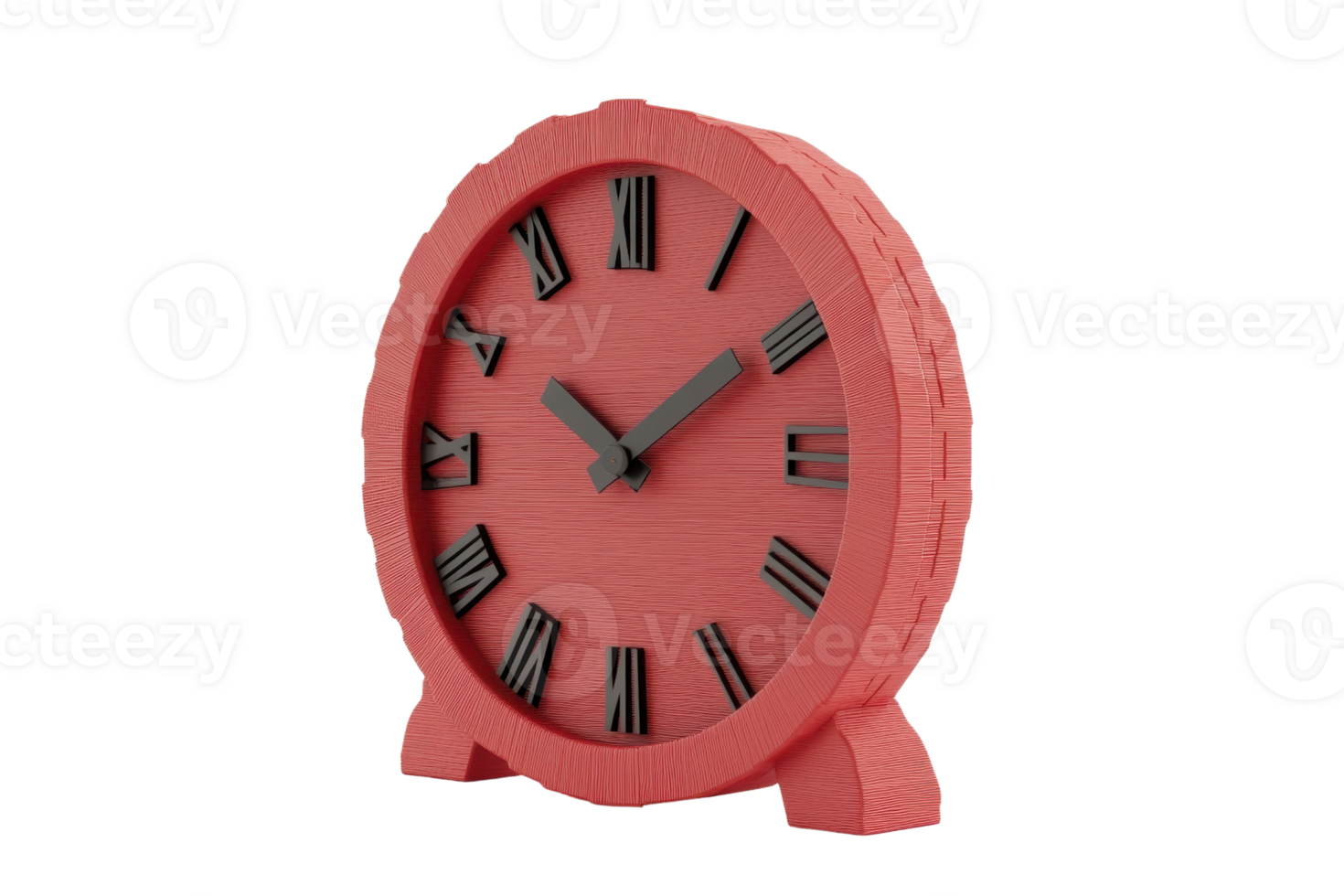 Red wooden clock with Roman numerals and black hands, isolated on a transparent background. Perfect for home decor, timekeeping, and vintage styles. png