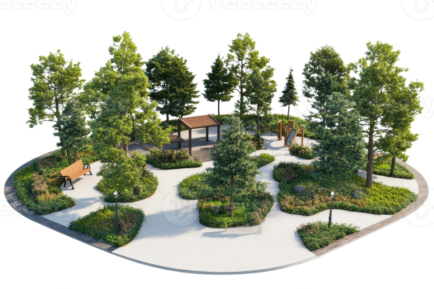 A beautiful park with lush green trees, neatly arranged pathways, benches, and a small shelter, offering a serene environment for relaxation. png