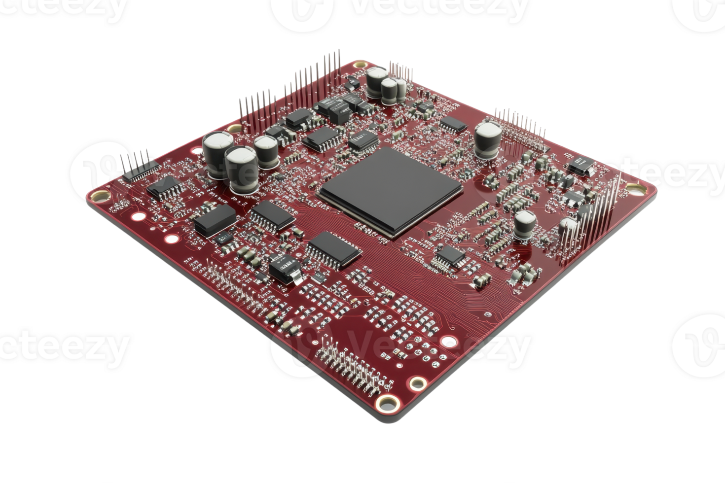 High-resolution image of a red printed circuit board with integrated components, showcasing intricate electronic design and technology. png