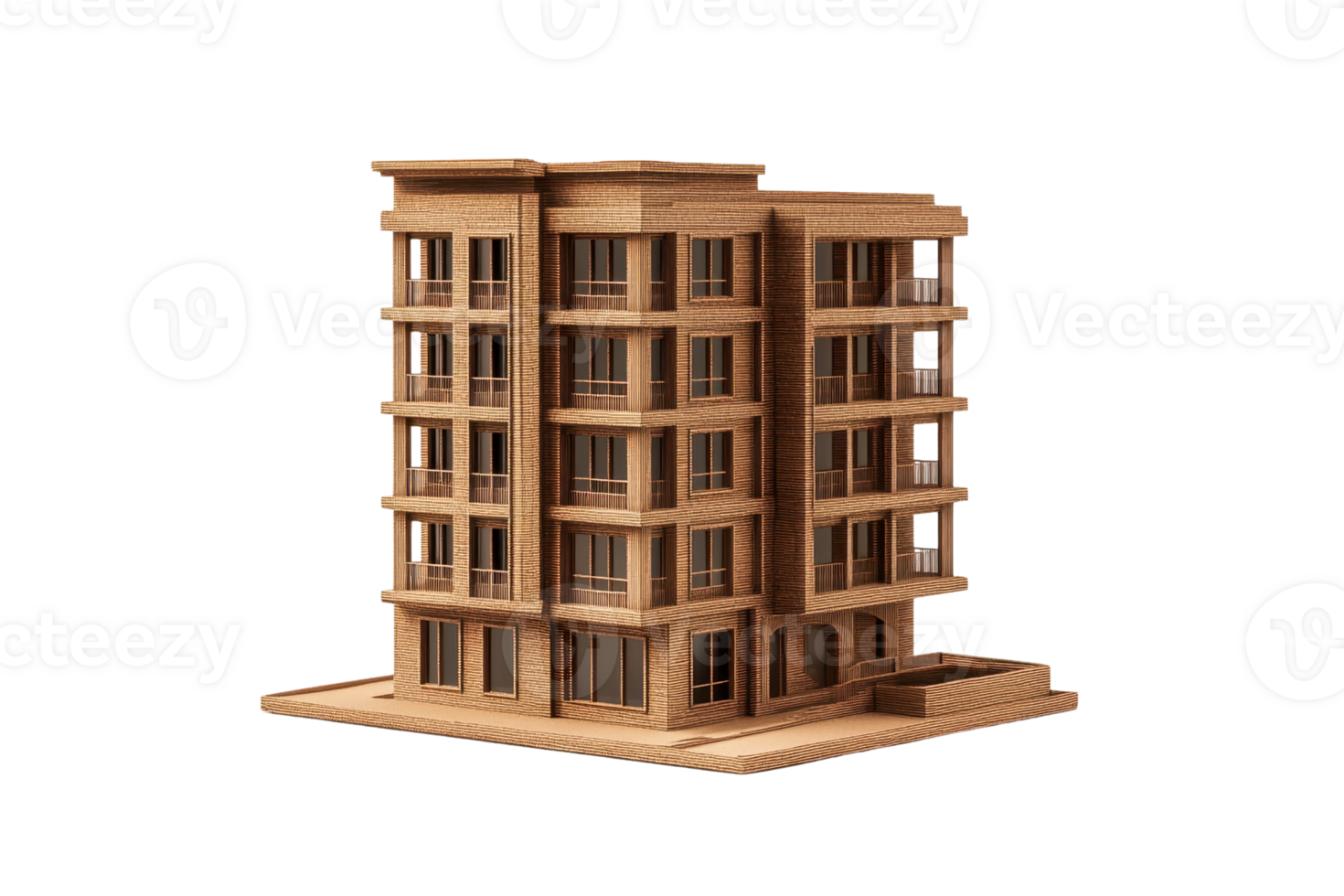 Wooden detailed architectural model of a modern multi-story apartment building, featuring balconies and windows, isolated on a transparent background. png
