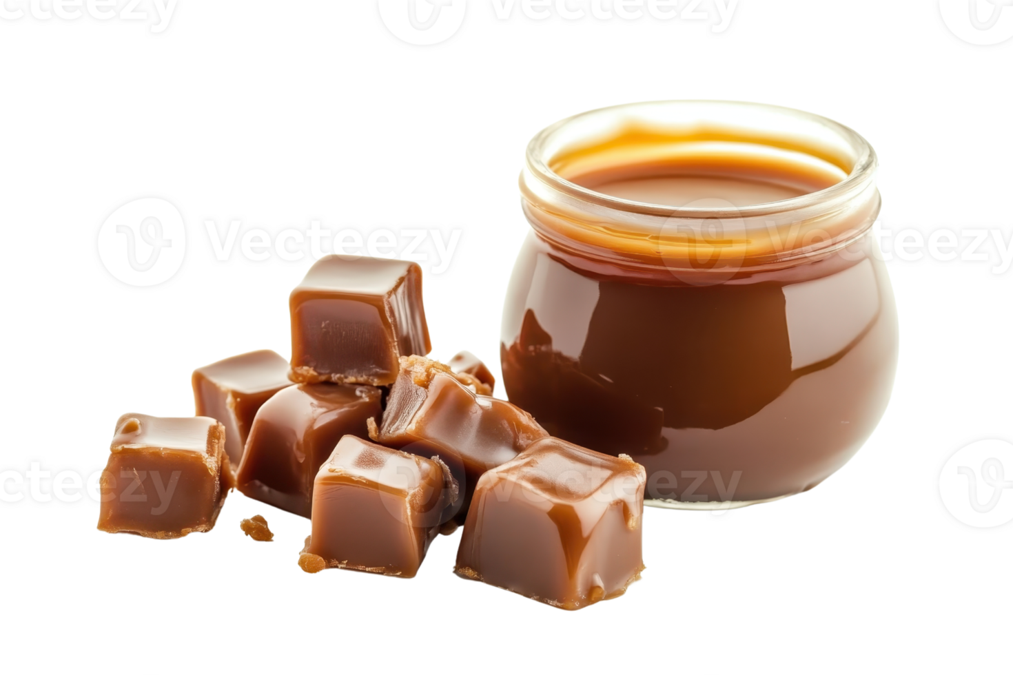 A jar of delectable caramel syrup with caramel candies on the side. Perfect for dessert toppings and sweet treats. Food photography. png