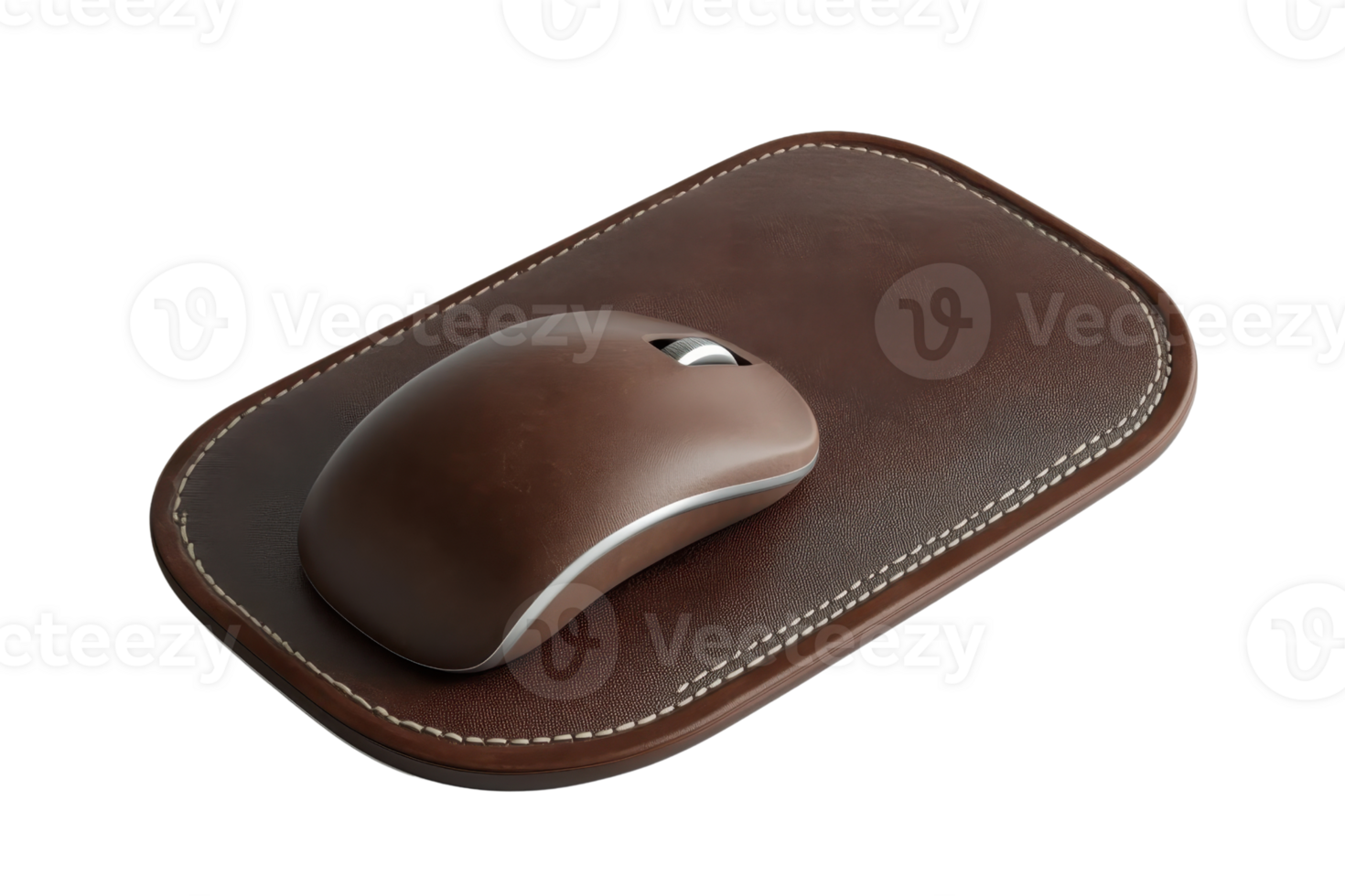 Wireless computer mouse on a brown leather mouse pad, isolated on transparent background. Elegant accessory for office or home workspace. png