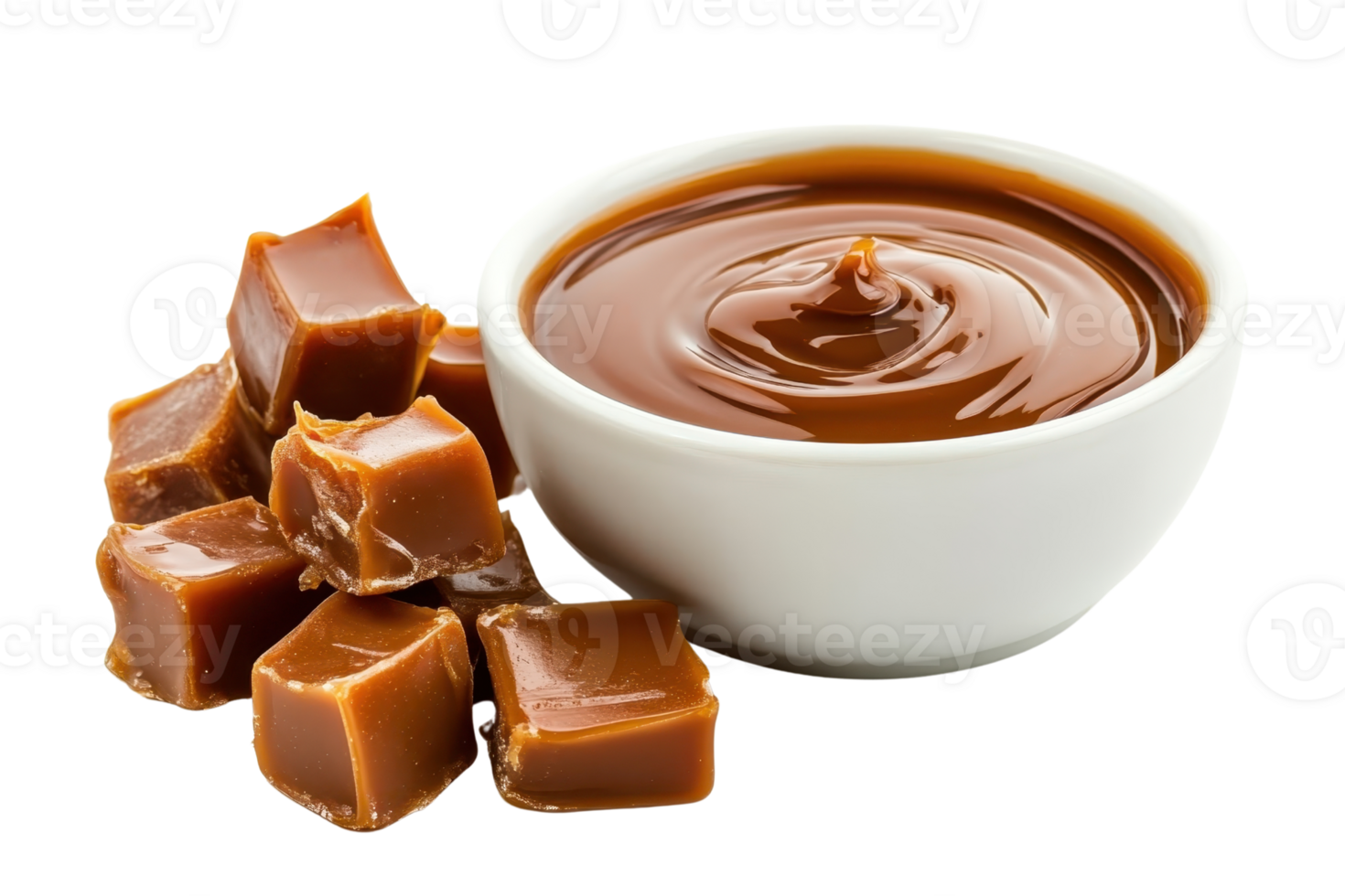 A bowl of rich caramel sauce with caramel cubes. Perfect for dessert toppings, baking, and sweet treats. png