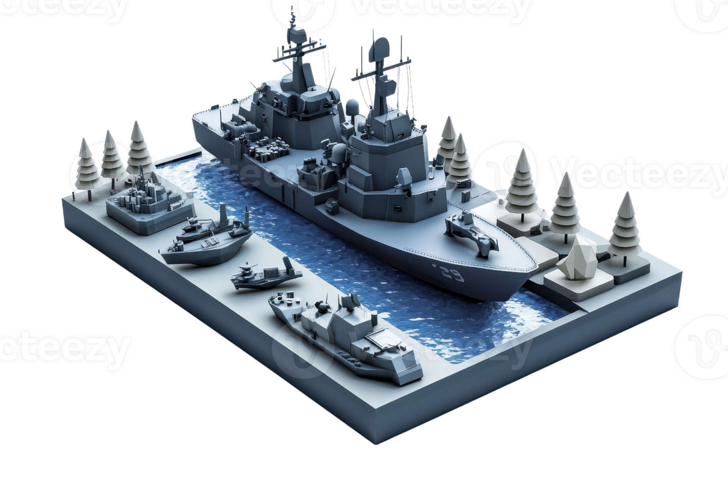 3D illustration of a naval fleet showcasing battleships and destroyers docked in a military harbor with strategic defense structures png