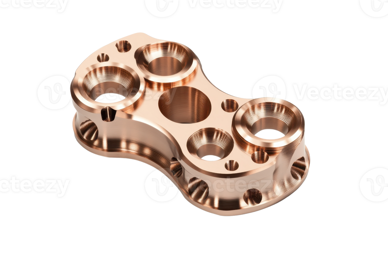 Precision-engineered copper metal component with multiple openings and intricate design, isolated on a transparent background. png