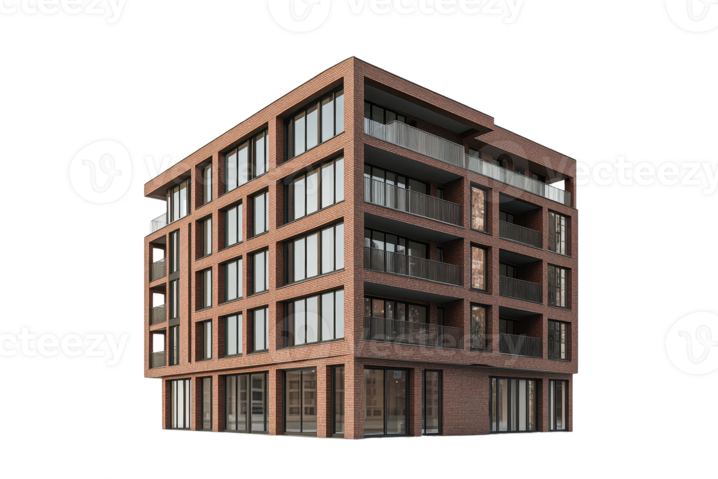 Modern multi-story brick apartment building with large windows and balconies, isolated on transparent background. Contemporary urban architecture concept. png