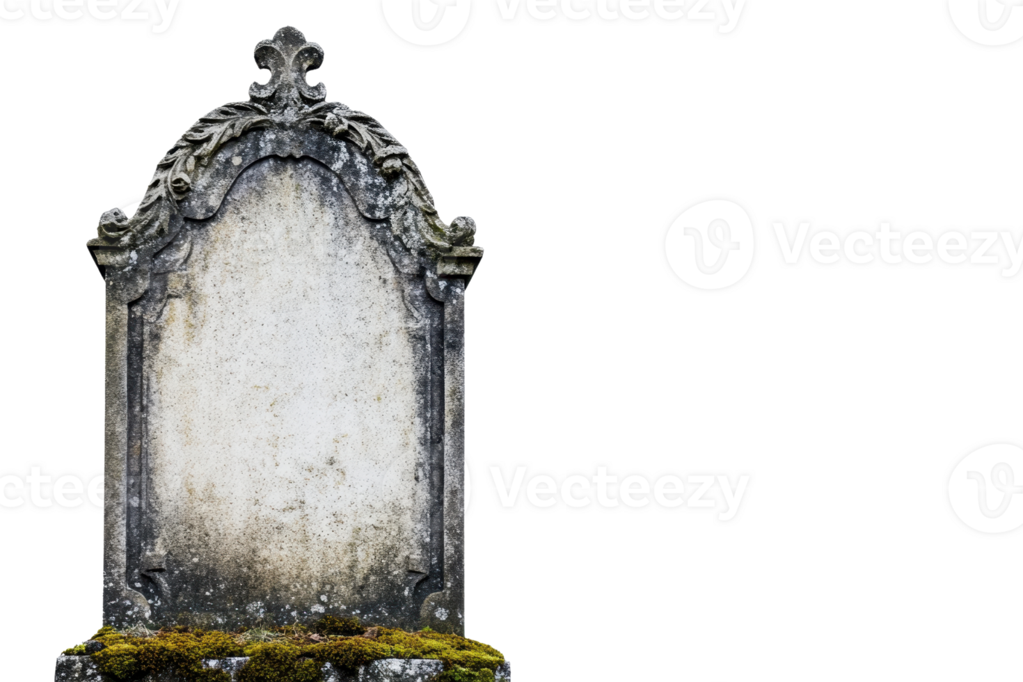 A weathered, ornate tombstone with intricate carvings, surrounded by moss, standing against a blank background, symbolizing remembrance. png