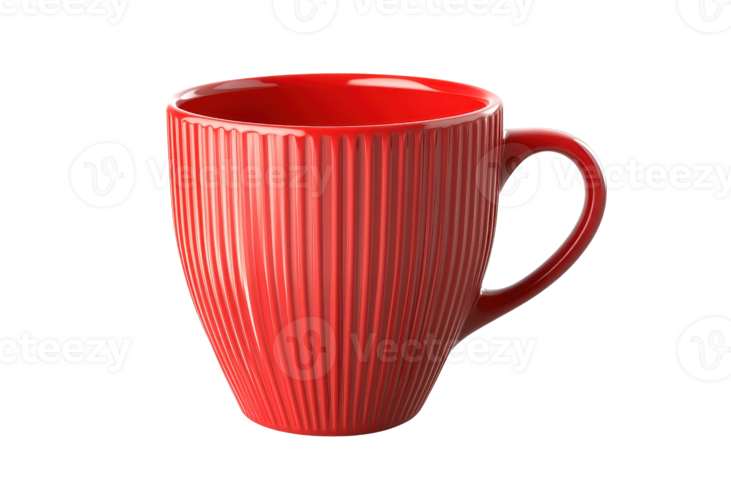 A bright red ceramic coffee mug with a textured pattern, perfect for tea or coffee. Isolated on a transparent background. png