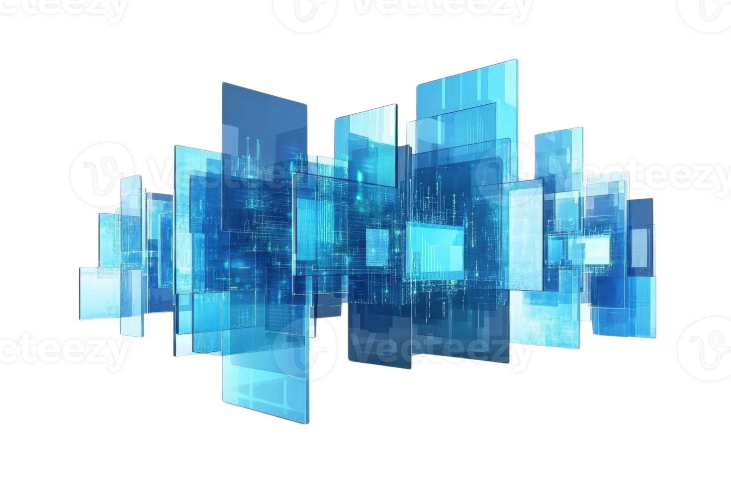 Abstract digital technology background with glowing blue transparent rectangles, representing data, connections, and modern networking. png