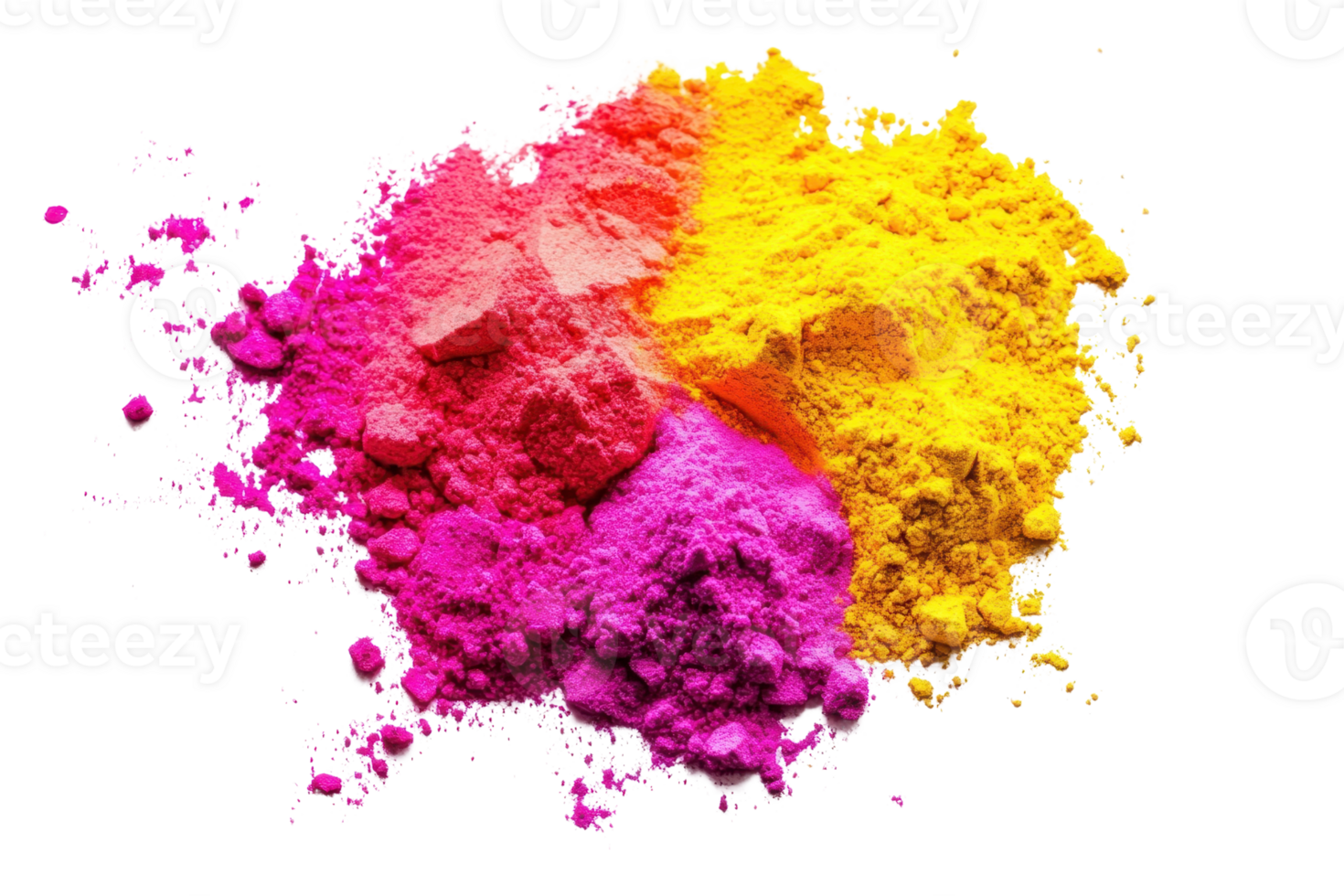 Bright and vibrant powder pigments in shades of pink, purple, and yellow, perfect for festivals, art, and celebrations. png