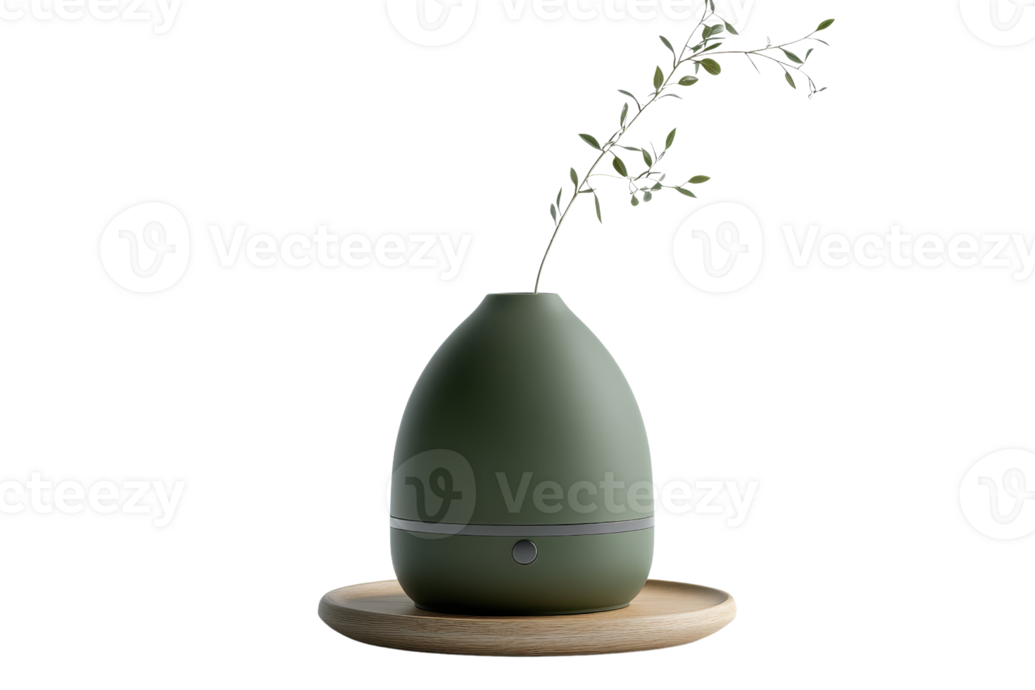 A minimalist green diffuser with a wooden base and a single branch. Perfect for modern home decor and aromatherapy use. png
