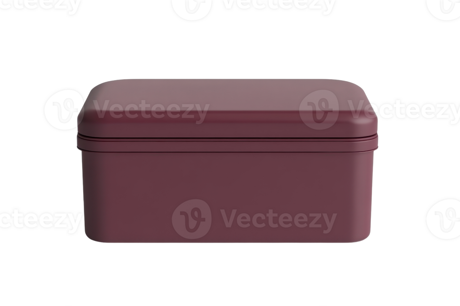 A minimalistic, maroon-colored rectangular tin container with a lid, isolated on a transparent background. Ideal for storage and packaging purposes. png