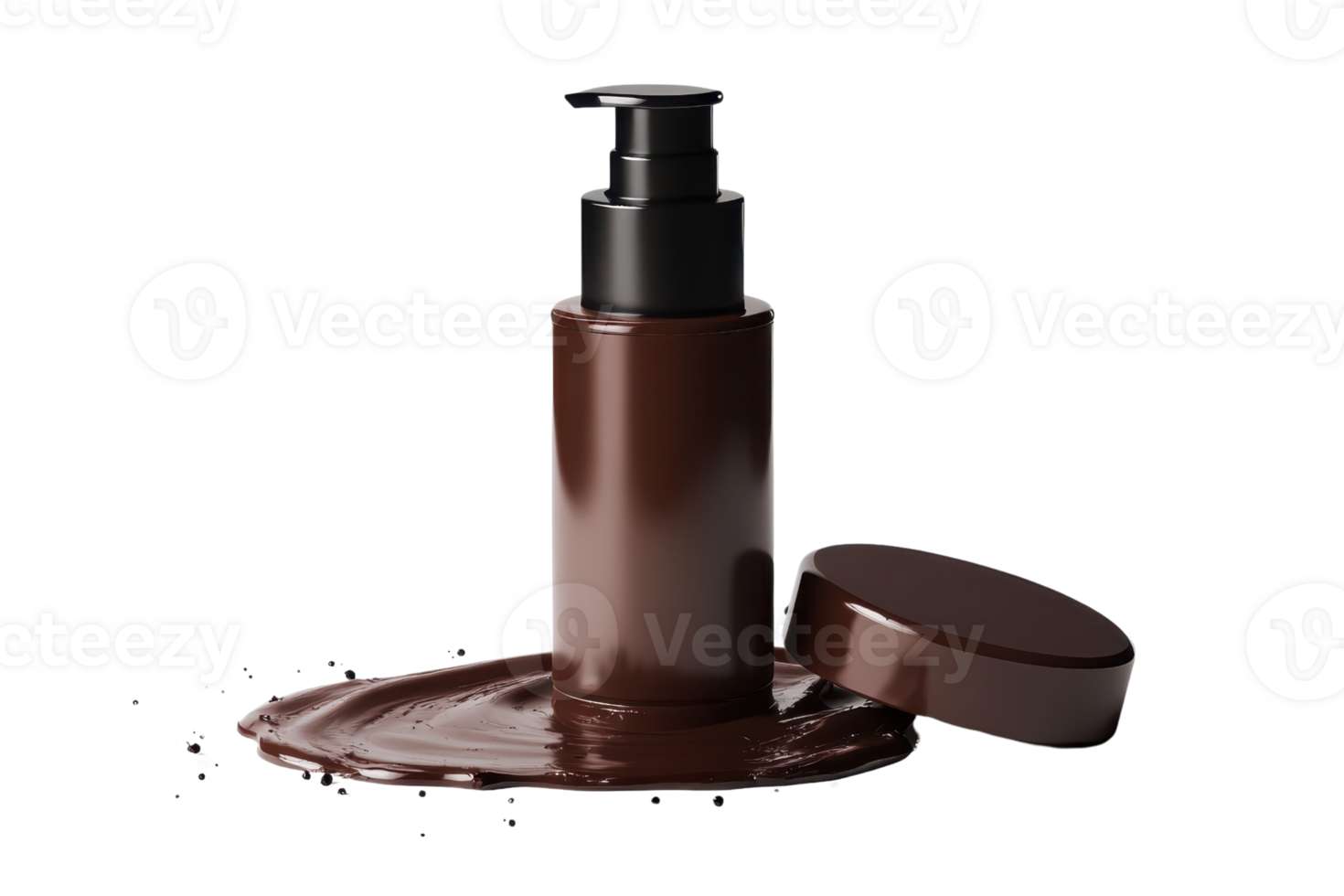 Brown lotion pump bottle with spilled liquid, isolated on transparent background. Perfect for skincare and beauty product advertisements. png