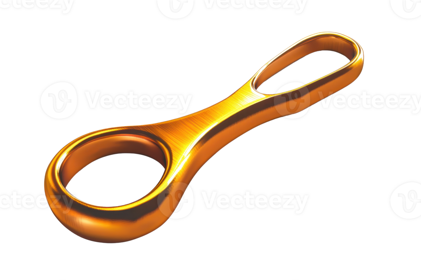 Close-up of a shiny metallic figure-eight descender, commonly used in climbing for belaying and rappelling. Safety gear and climbing equipment. png
