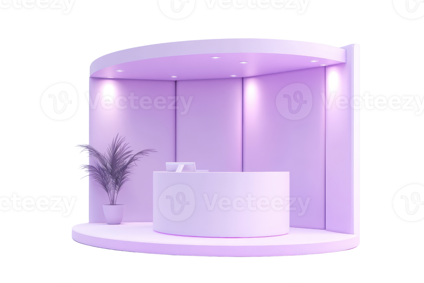 Modern minimalist white reception desk with purple lighting and decorative plant creating a serene and stylish welcome area png