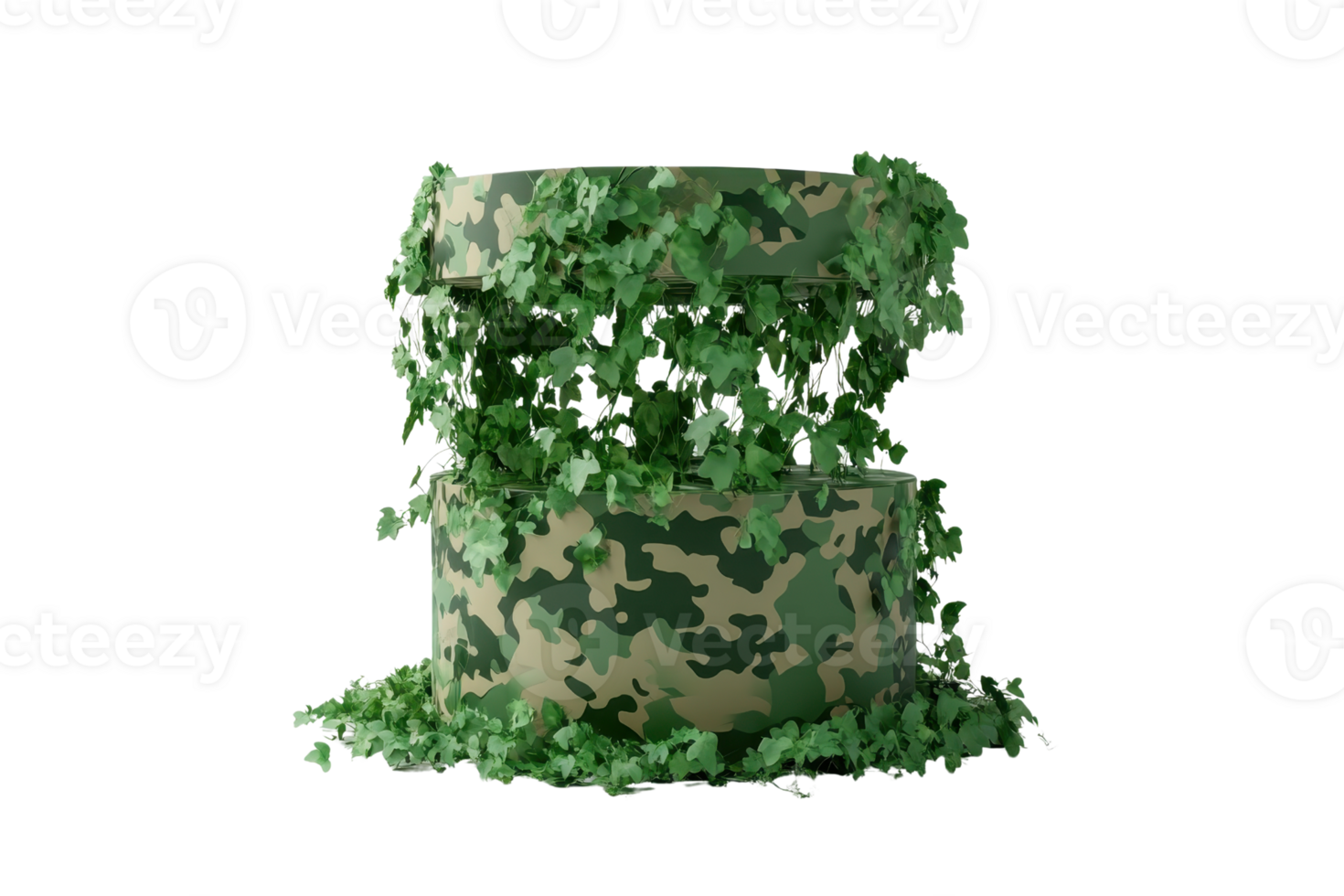 Camouflage container covered with green ivy, isolated on transparent background. Perfect for military or nature-themed projects. png