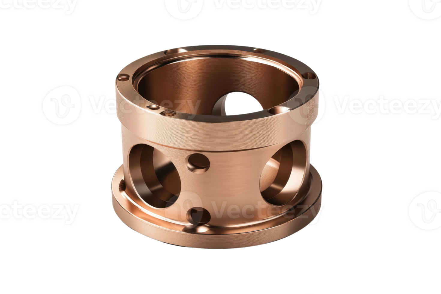 Close-up of a precision-engineered bronze cylindrical bushing with multiple holes, used in machinery and mechanical applications. png