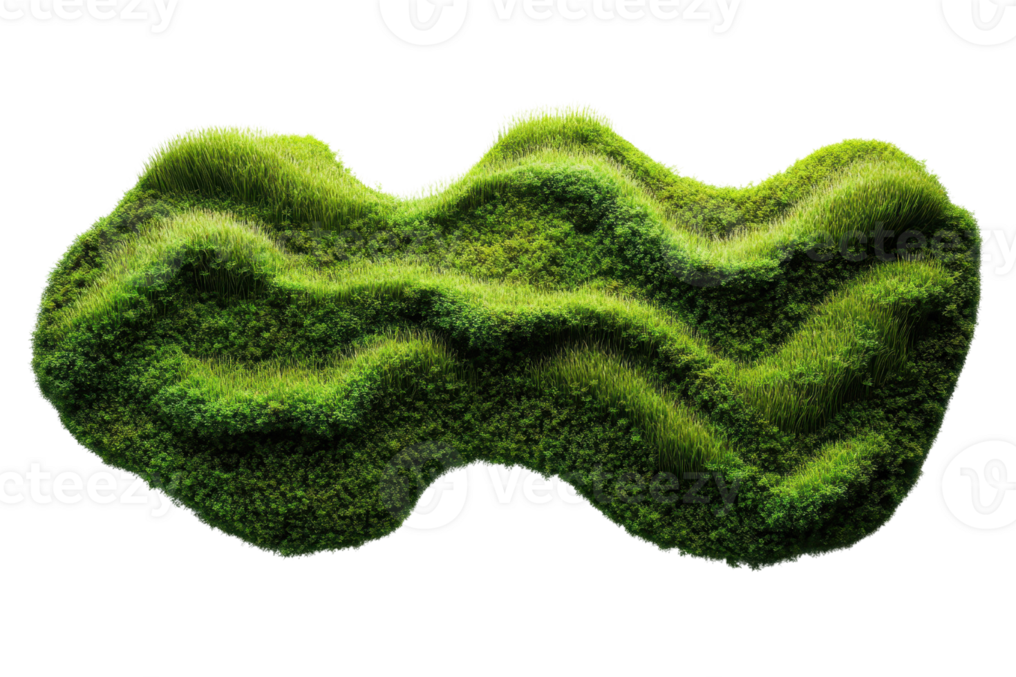 Aerial view of a wavy, textured grassland area, showcasing lush, vibrant green curves and natural patterns. Ideal for nature-themed backgrounds. png