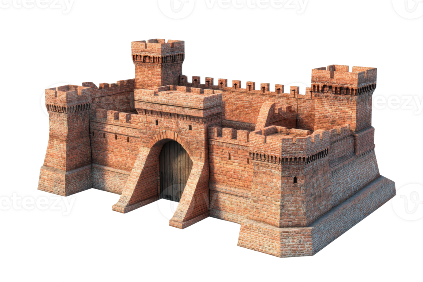 3D illustration of a medieval brick castle with towers and walls isolated on transparent background. perfect for historical or architectural themes. png