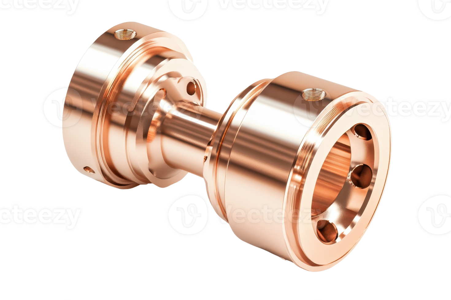 High-quality copper mechanical part, precision-engineered component suitable for various industrial applications and machinery, isolated on white. png