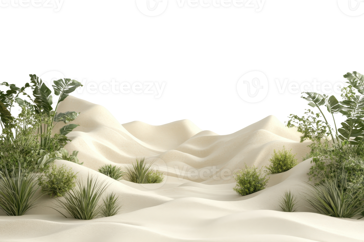 Lush green plants sprout amidst undulating sand dunes in a serene desert landscape, creating a beautiful contrast of nature's elements. png