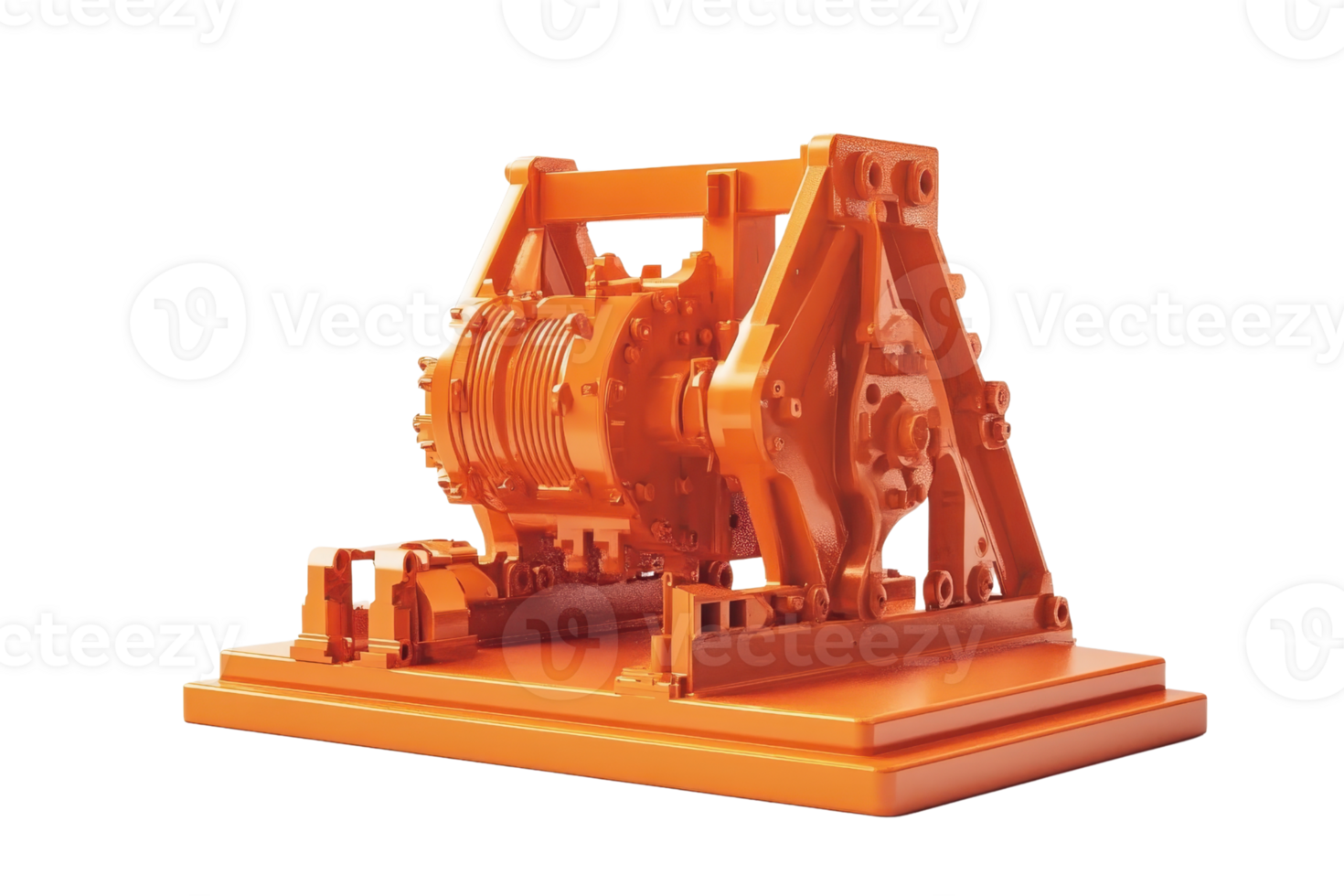 Bright orange mechanical winch isolated on transparent background. industrial equipment for lifting and pulling heavy loads. png
