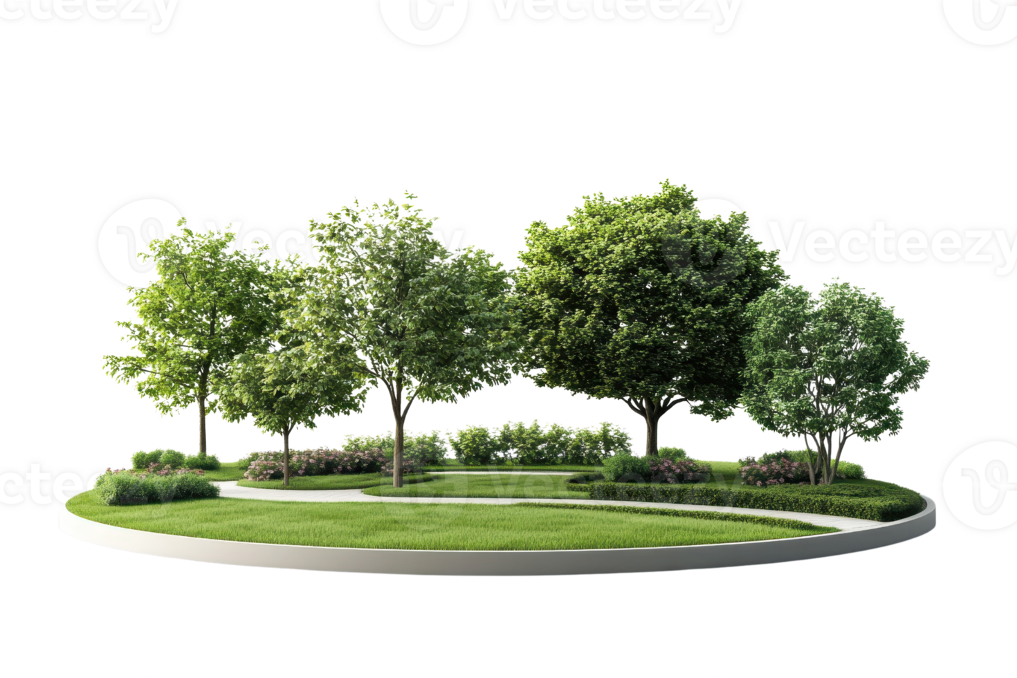 A serene park with lush green trees, well-manicured paths, and trimmed grass, perfect for relaxation and leisure activities. png