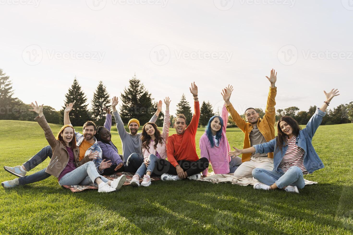 Group of people sitting in the grass is raising arms and smiling photo