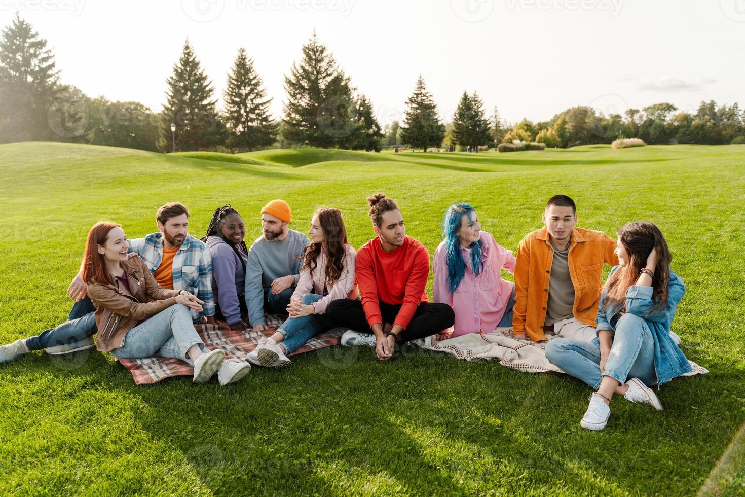 Group of diverse young people relaxing and socializing together on a blanket in a park photo