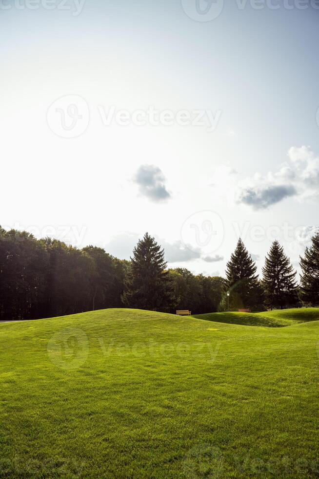 Empty golf course with lush green grass and trees photo
