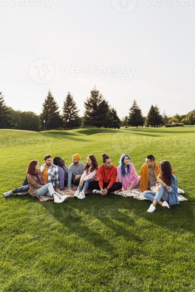 Group of diverse friends relaxing and chatting together on picnic blanket in the park photo