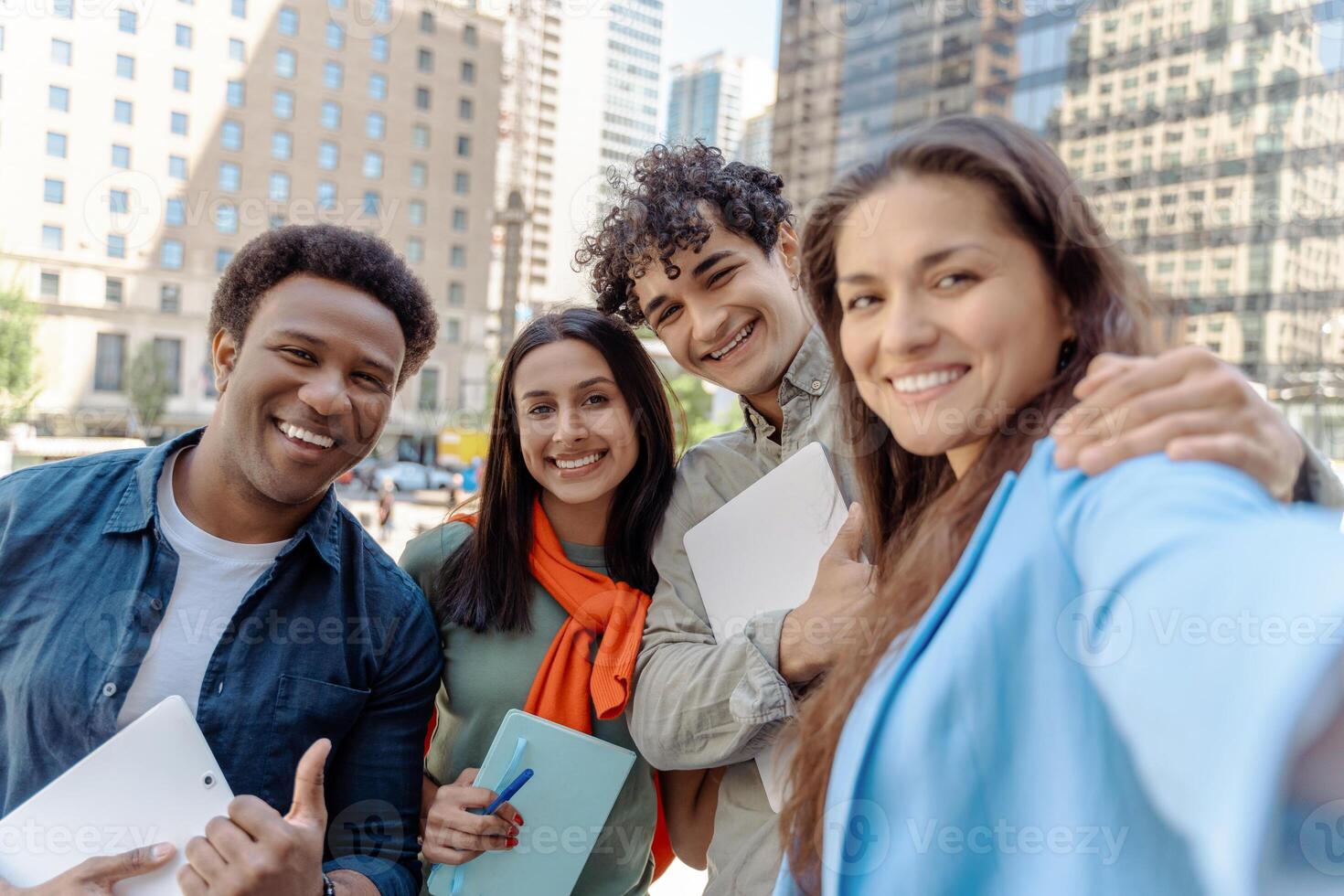 Group of students taking selfie in new york city photo