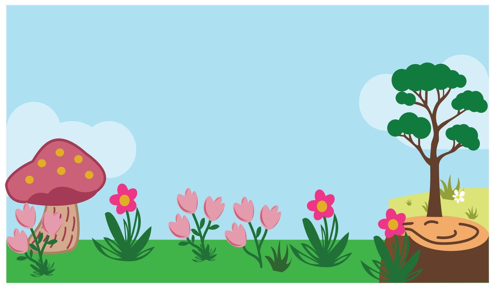 Spring landscape with flowers, trees and mushrooms. landscape with grass and flowers. Illustrations of prairie habitats that are suitable for use in living creatures textbooks vector
