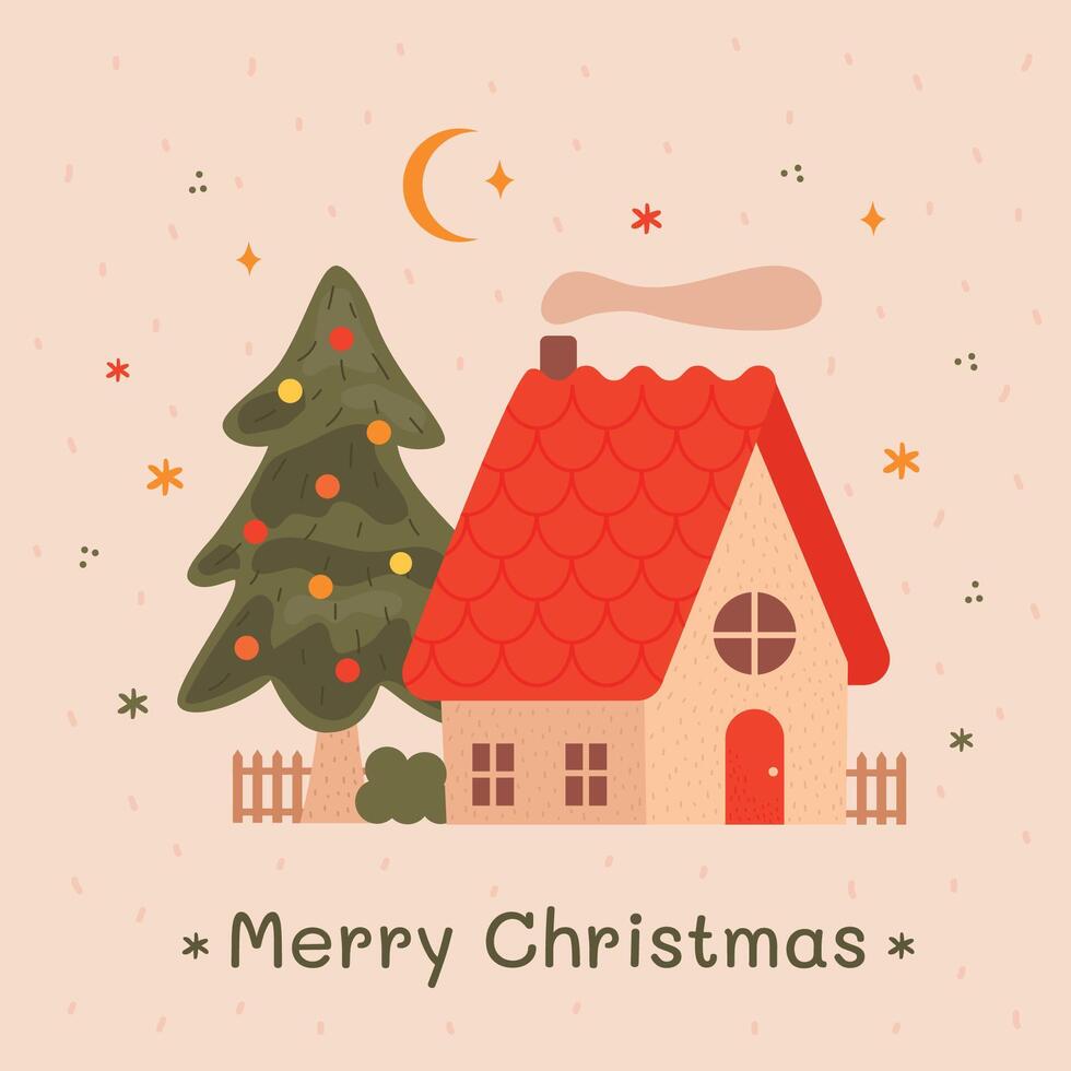 Christmas poster with a house and a Christmas tree on a light background vector