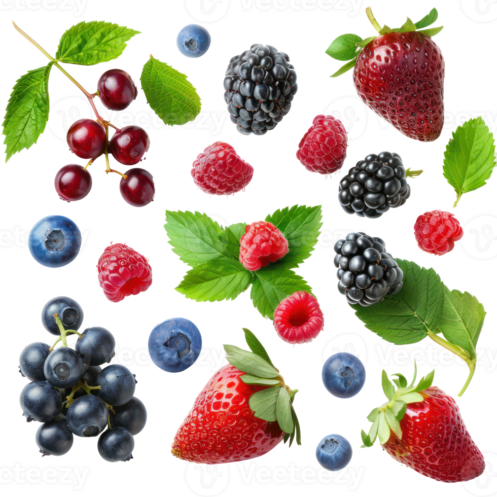 Mix berries with green leaves, clipping path isolate on transparency background png