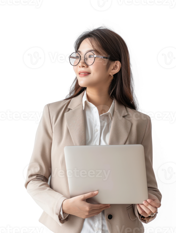 business woman holding laptop while smiling looking away on transparency background png