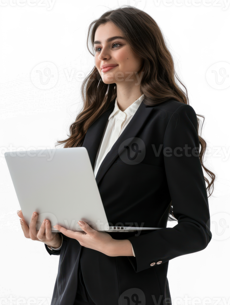 business woman holding laptop while smiling looking away on transparency background png