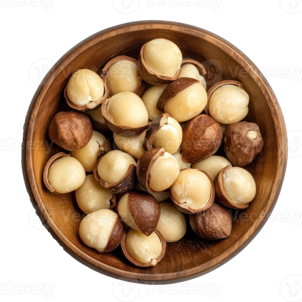 Macadamia Nuts in a bowl top view isolate on transparency background png