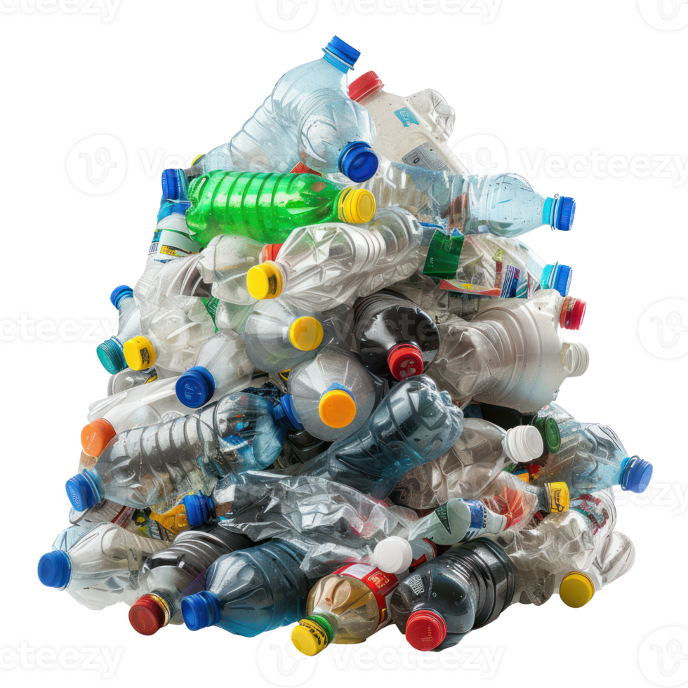 Pile of plastic trash bottle front view full length isolate on transparency background png