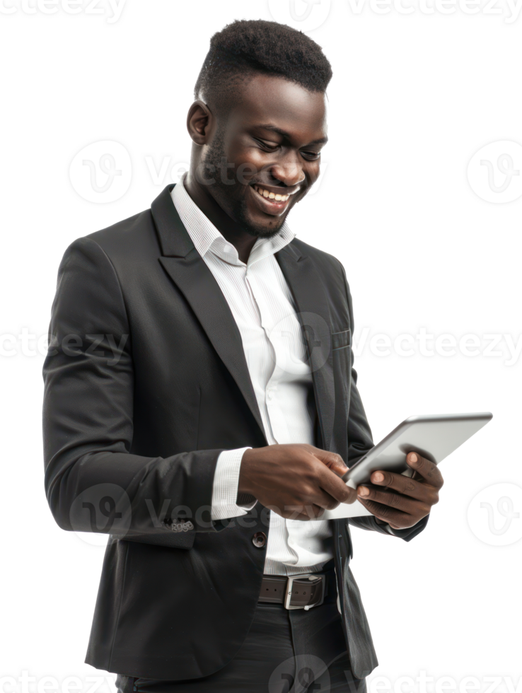 businessman smiling while using tablet isolate on transparency background png