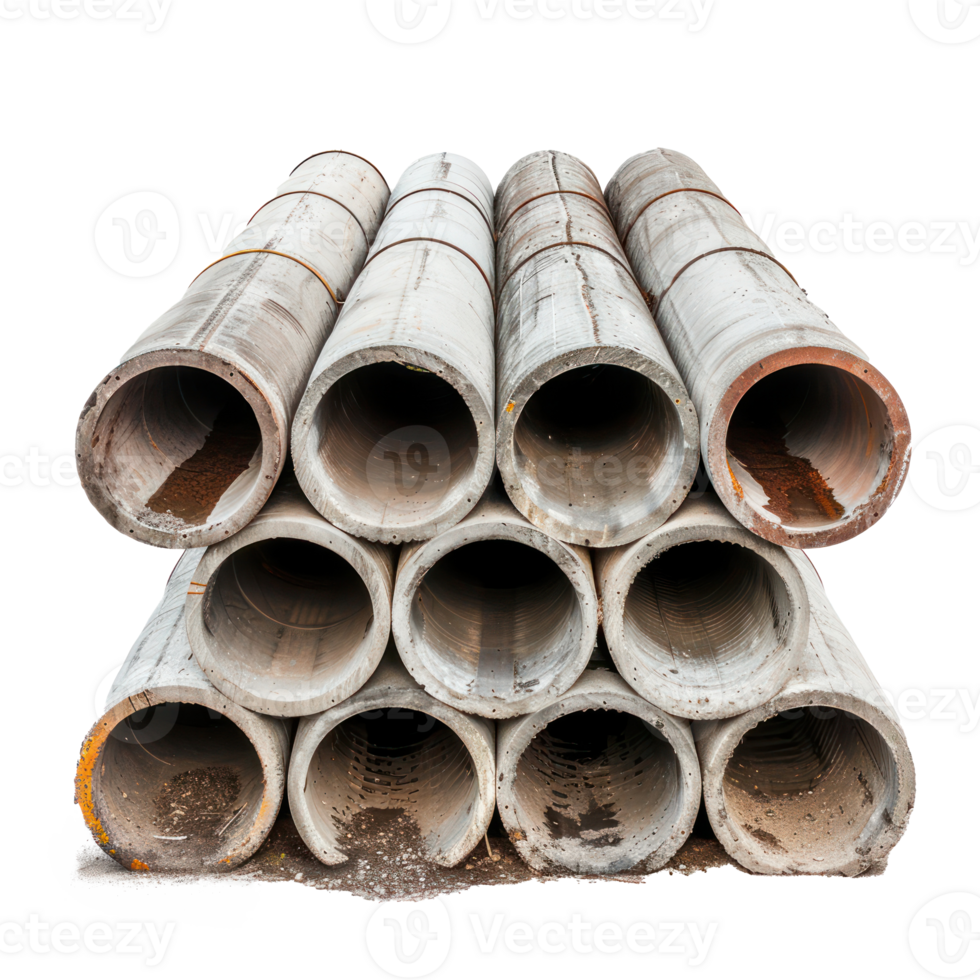Stack of concrete pipes for building construction and pipeline isolate on transparency background png